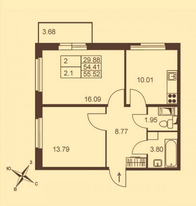 5 этаж 2-комнатн. 56.05 кв.м.