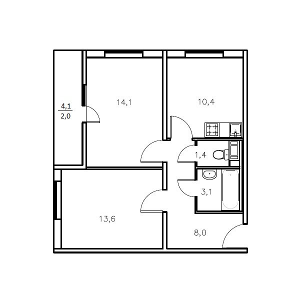 3 этаж 2-комнатн. 53.1 кв.м.
