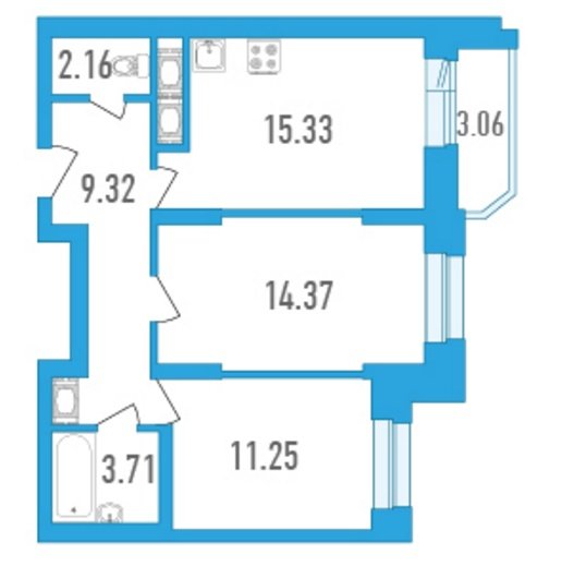 11 этаж 2-комнатн. 57.67 кв.м.