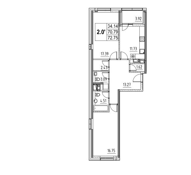 3 этаж 2-комнатн. 72.75 кв.м.