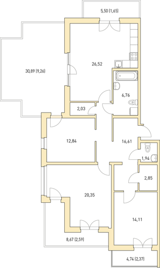 4 этаж 3-комнатн. 117.29 кв.м.
