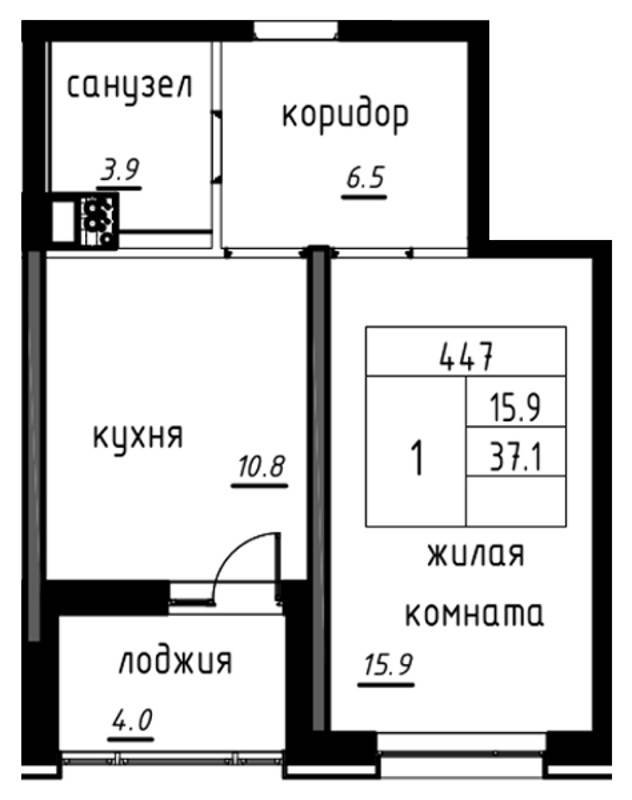 2 этаж 1-комнатн. 39.1 кв.м.