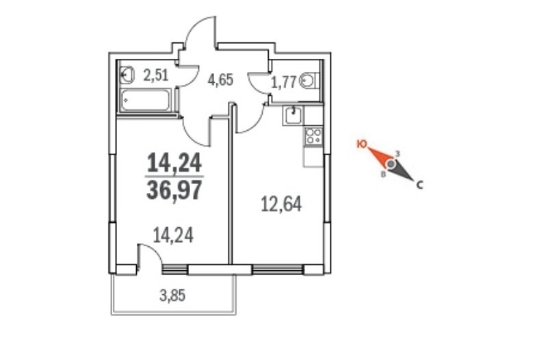 2 этаж 1-комнатн. 36.97 кв.м.