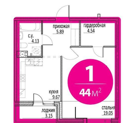 3 этаж 1-комнатн. 44 кв.м.