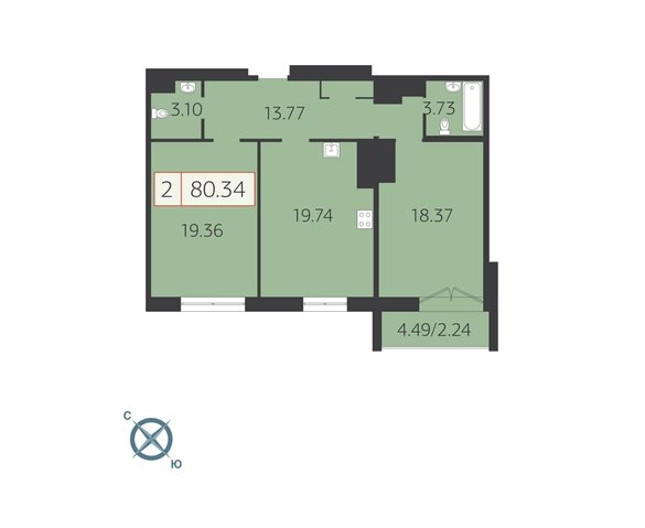 7 этаж 2-комнатн. 79.1 кв.м.