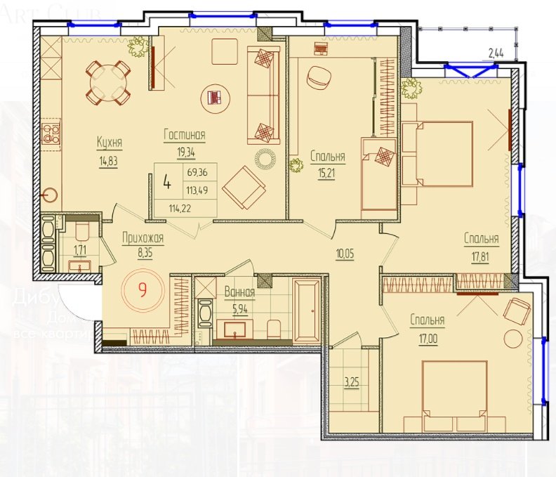 4 этаж 4-комнатн. 113.9 кв.м.