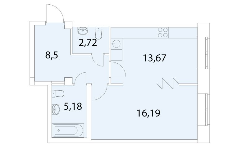 1 этаж 1-комнатн. 46.5 кв.м.