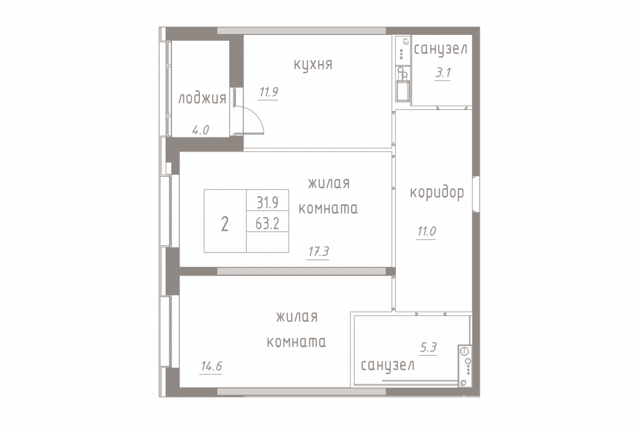 2 этаж 2-комнатн. 65.2 кв.м.