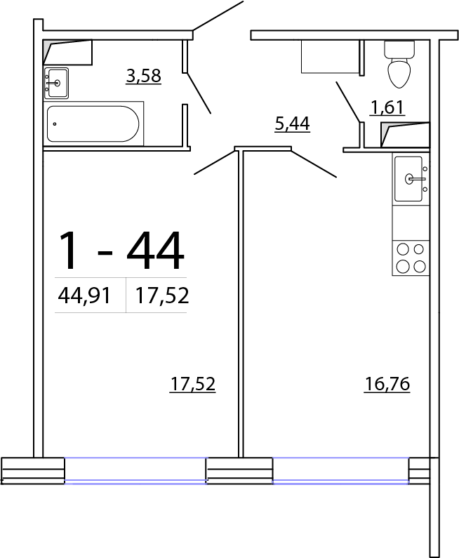 4 этаж 1-комнатн. 48.42 кв.м.