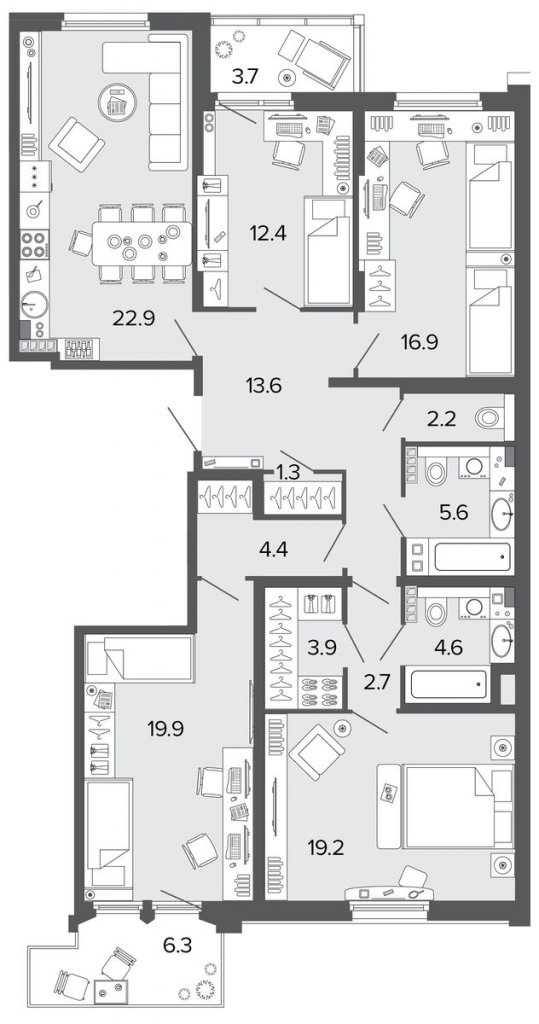 6 этаж 4-комнатн. 129.6 кв.м.