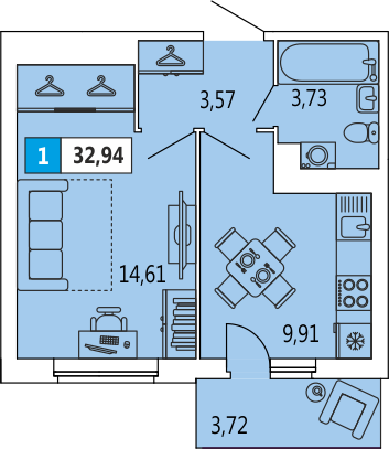 18 этаж 1-комнатн. 32.98 кв.м.