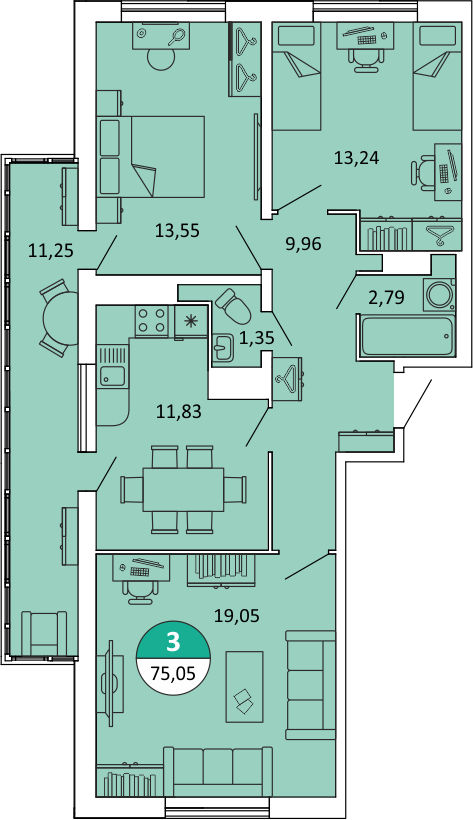 18 этаж 3-комнатн. 75.75 кв.м.