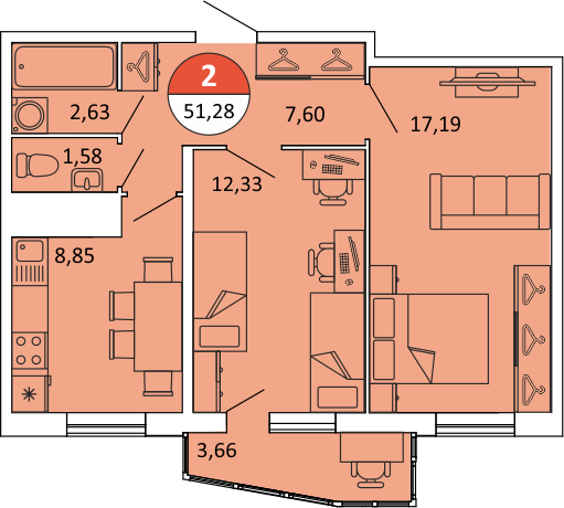 12 этаж 2-комнатн. 52.99 кв.м.