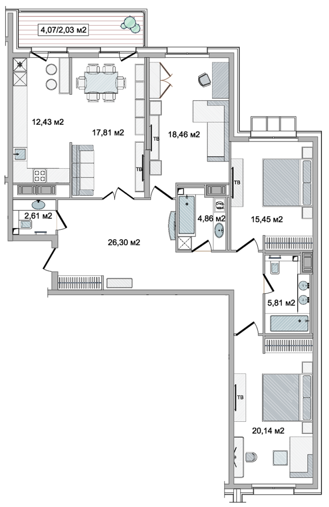 6 этаж 3-комнатн. 125.54 кв.м.