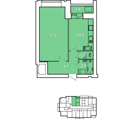 11 этаж 1-комнатн. 43.7 кв.м.