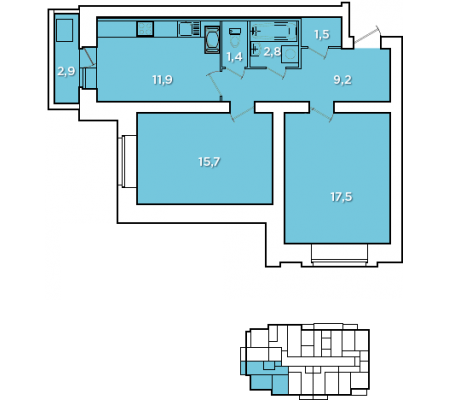11 этаж 2-комнатн. 60.9 кв.м.