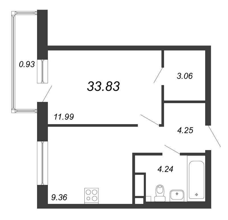 3 этаж 1-комнатн. 33.83 кв.м.