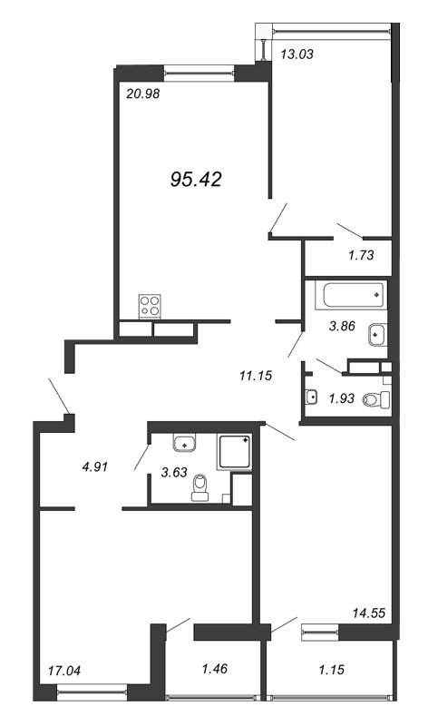 6 этаж 4-комнатн. 95.42 кв.м.