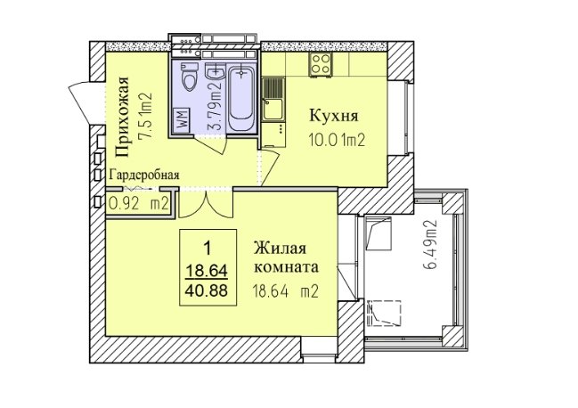 1 этаж 1-комнатн. 44.12 кв.м.