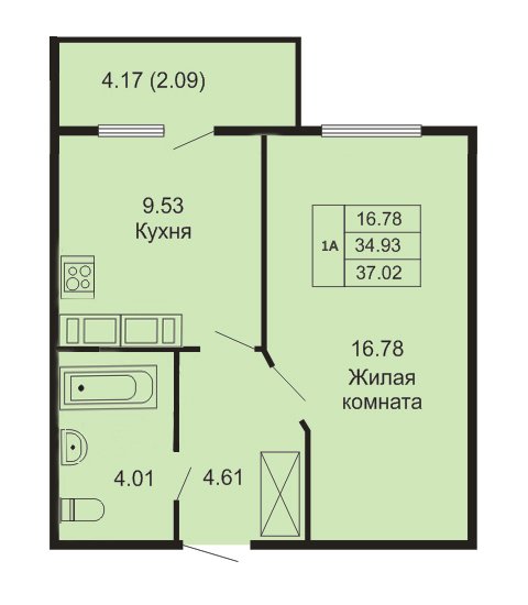 1 этаж 1-комнатн. 37.02 кв.м.