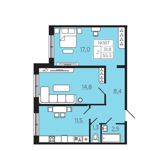 1 этаж 2-комнатн. 55.48 кв.м.