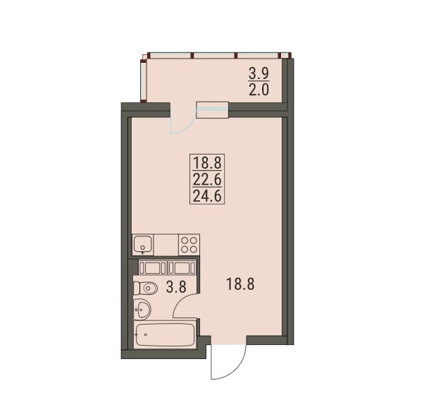 2 этаж 1-комнатн. 24.6 кв.м.