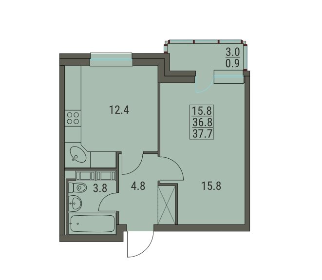 2 этаж 1-комнатн. 37.7 кв.м.