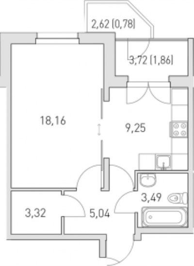 2 этаж 1-комнатн. 41.9 кв.м.