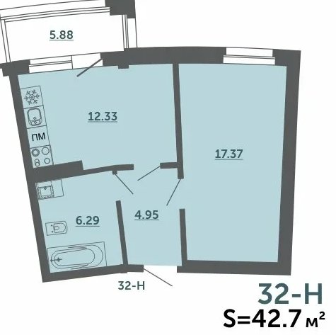1-комнатн. 42.7 кв.м.