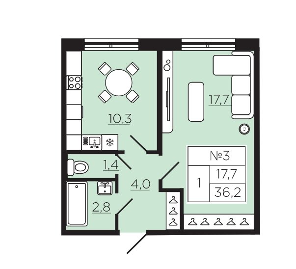 1 этаж 1-комнатн. 36.17 кв.м.