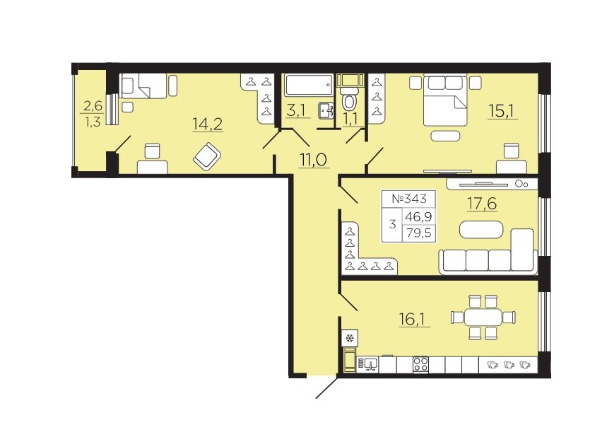 6 этаж 3-комнатн. 79.5 кв.м.