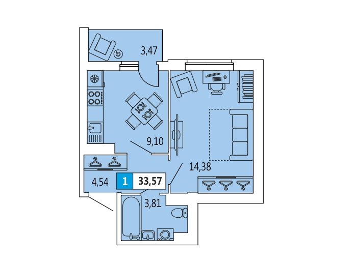 2 этаж 1-комнатн. 33.57 кв.м.