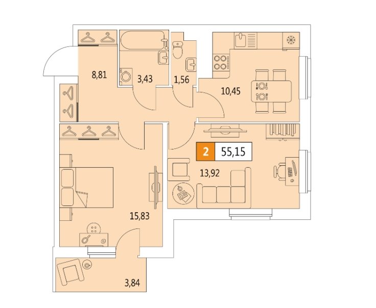 2 этаж 2-комнатн. 55.15 кв.м.