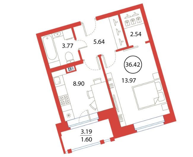 2 этаж 1-комнатн. 35.26 кв.м.