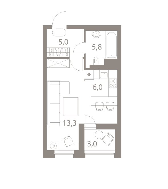 13 этаж 1-комнатн. 31.6 кв.м.