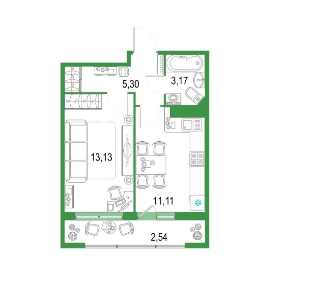 19 этаж 1-комнатн. 35.25 кв.м.