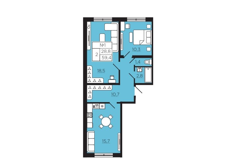 1 этаж 2-комнатн. 59.4 кв.м.