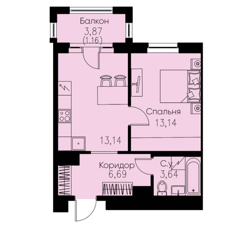 7 этаж 1-комнатн. 37.77 кв.м.