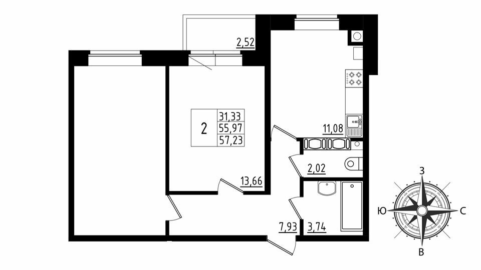 3 этаж 2-комнатн. 57.23 кв.м.