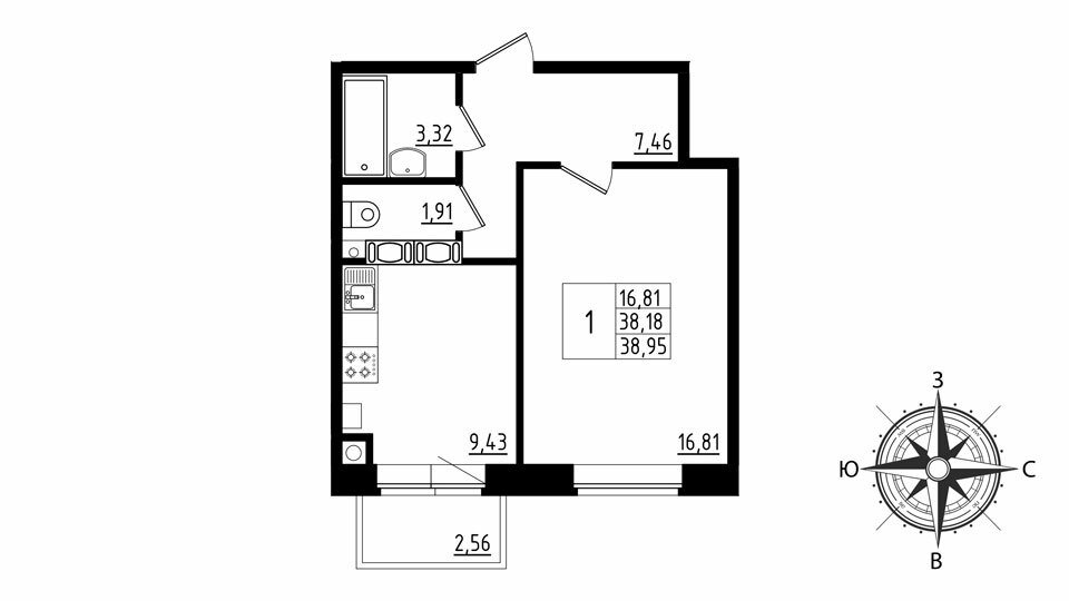 3 этаж 1-комнатн. 38.95 кв.м.