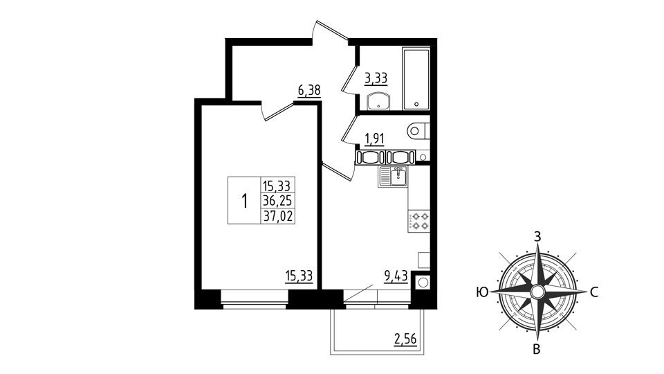 2 этаж 1-комнатн. 37.02 кв.м.