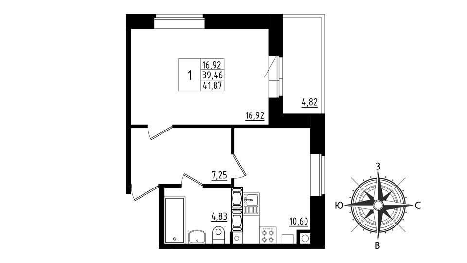 2 этаж 1-комнатн. 41.87 кв.м.