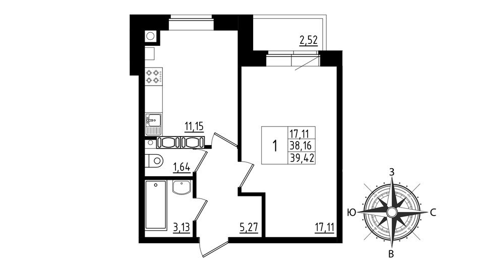 2 этаж 1-комнатн. 39.42 кв.м.