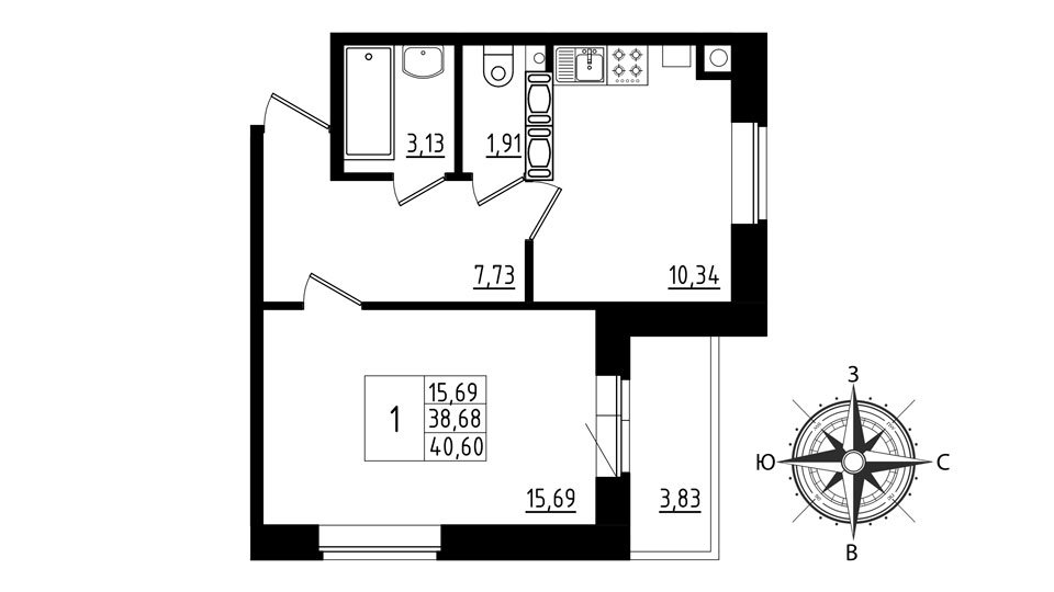 2 этаж 1-комнатн. 40.6 кв.м.