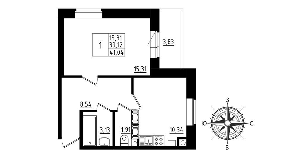 2 этаж 1-комнатн. 41.04 кв.м.