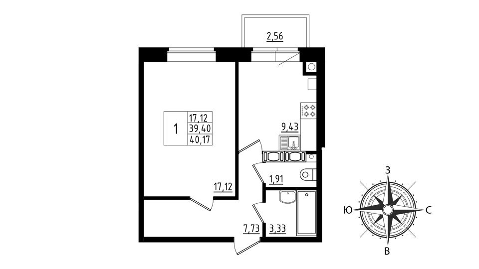 2 этаж 1-комнатн. 40.17 кв.м.