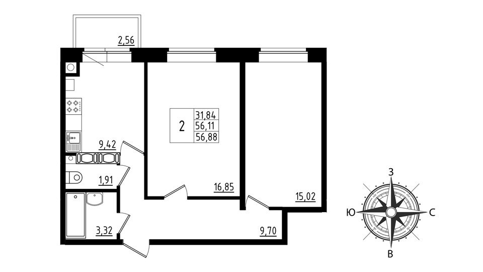 2 этаж 2-комнатн. 56.88 кв.м.