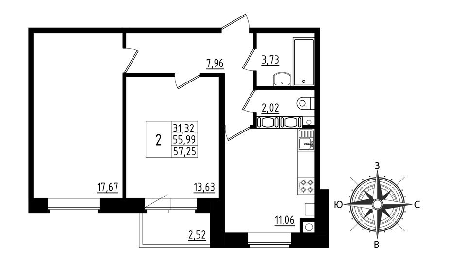 2 этаж 2-комнатн. 57.25 кв.м.