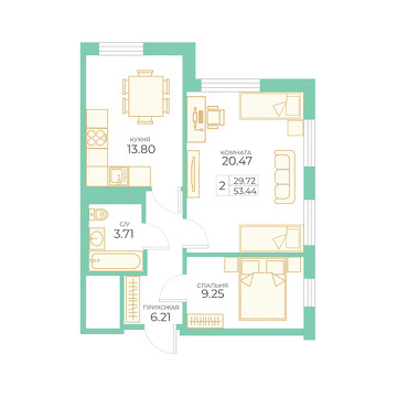 4 этаж 1-комнатн. 53.44 кв.м.