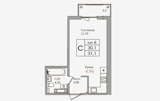 3 этаж 1-комнатн. 30.1 кв.м.